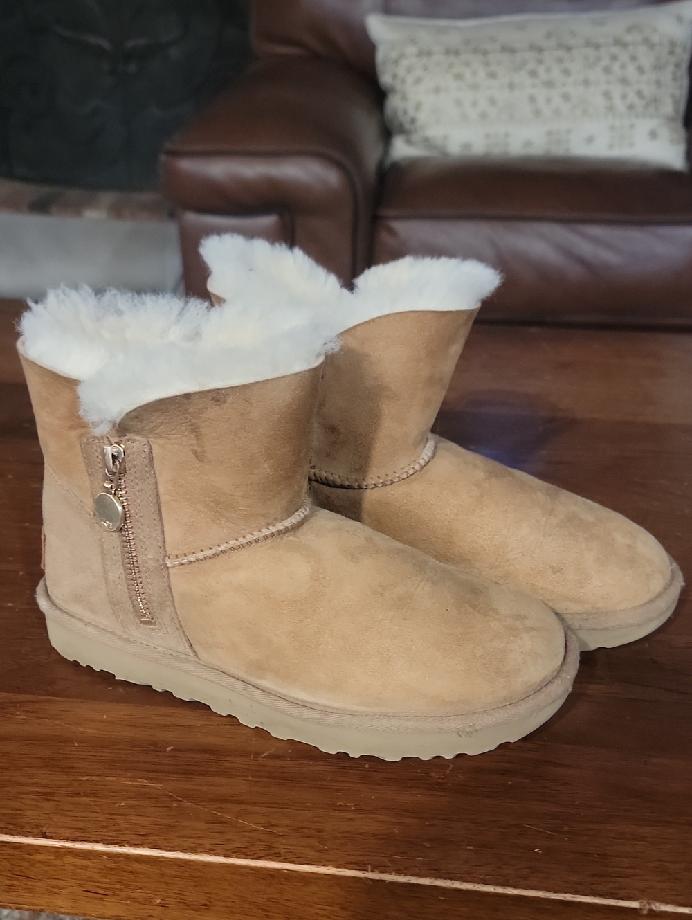 UGG Chestnut Suede Shearling Zip Short Boots